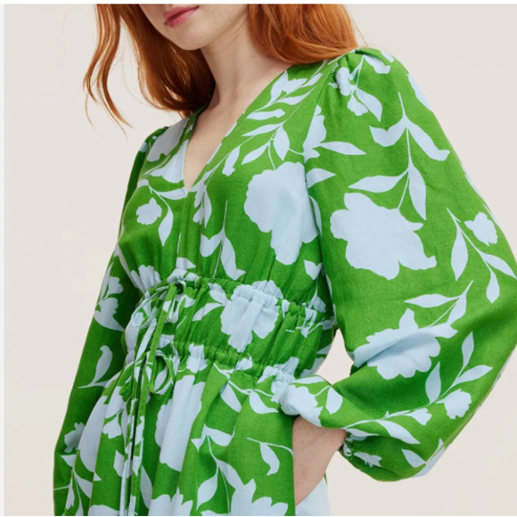 Classic Rose Linen Long Sleeve Dress Green Light Blue Sz Large Kate Spade NY NWT - Picture 4 of 7